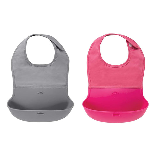 OXO TOT 2-Piece Waterproof Silicone Roll Up Bib with Comfort-Fit Fabric Neck, -- ANB Baby