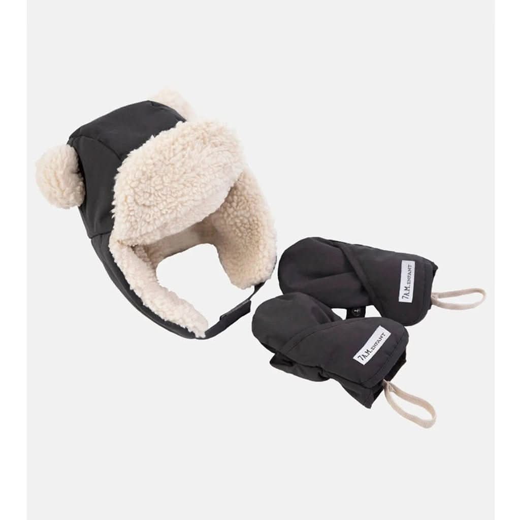 7 A.M. Enfant The Cub Mitten & Hat Set, Benji, Smokey Grey-Clothing-7AM Enfant-6-12 Months-ANB Baby Store