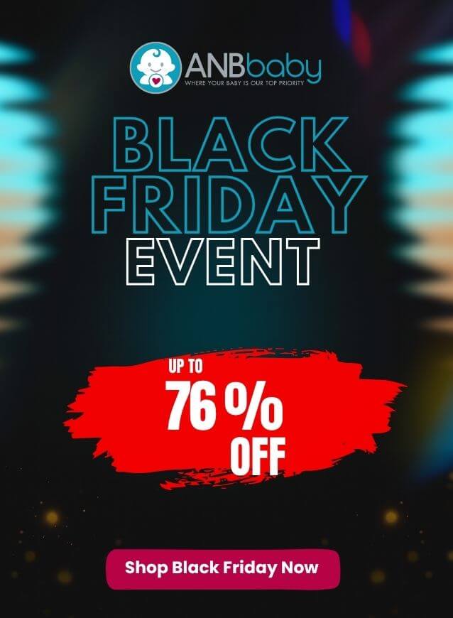 ANB Baby Black Friday event advertisement with discounts and call to action on a dark background.