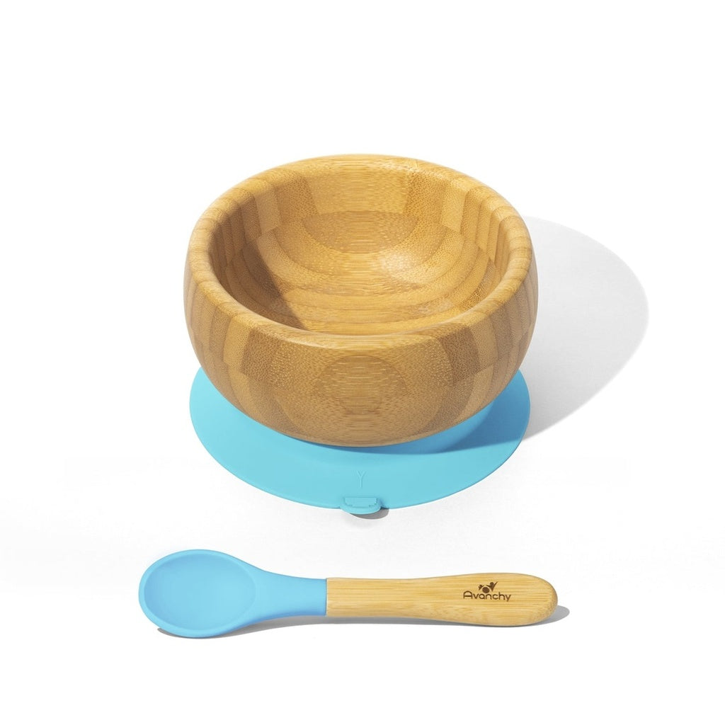 Avanchy Baby Feeding Bamboo Stay Put Suction Bowl + Spoon-Mealtime Accessories-Avanchy-Blue-ANB Baby Store