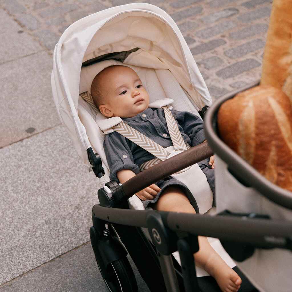 Cybex Gazelle S 2 Stroller, Lifestyle with Baby, Taupe Frame with Seashell Beige - ANB Baby
