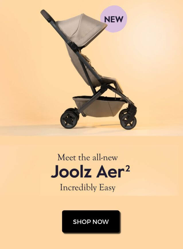 Joolz Aer2 stroller on a beige background with 'NEW' label and 'SHOP NOW' button.