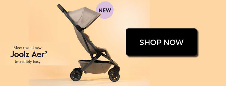 Joolz Aer2 stroller with 'New' label and 'Shop Now' button on a beige background