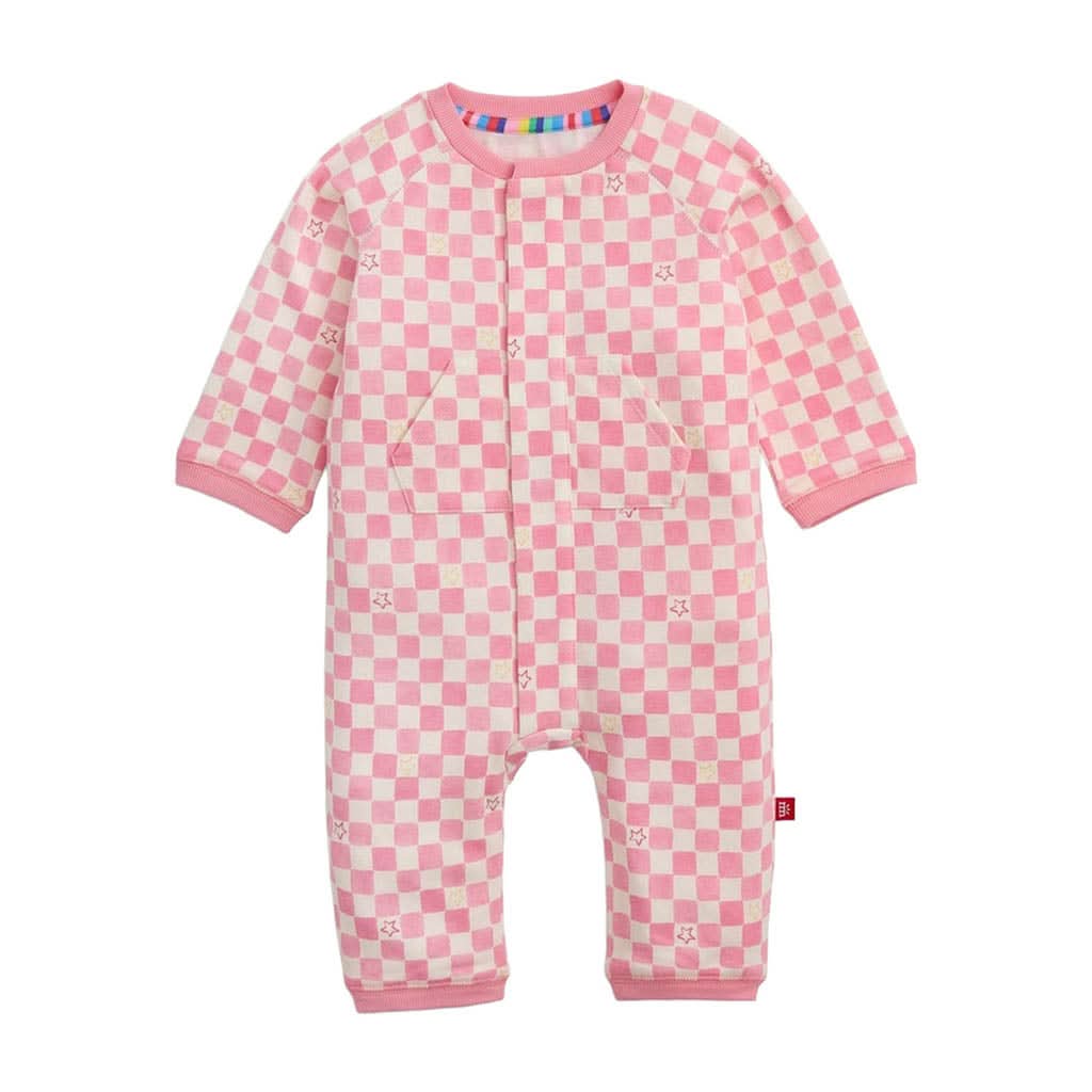 Magnetic Me Brushed Fleece Magnetic Romper-Pink Checkerboard_1 - ANB Baby