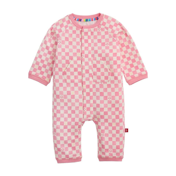 Magnetic Me Pink Checkerboard Brushed Fleece Magnetic Romper