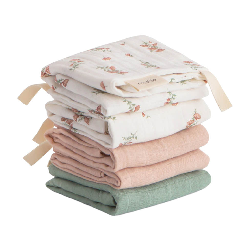 Mushie Muslin Cotton Washcloth-Bath Tubs & Accessories-Mushie-Pink Flower-ANB Baby Store
