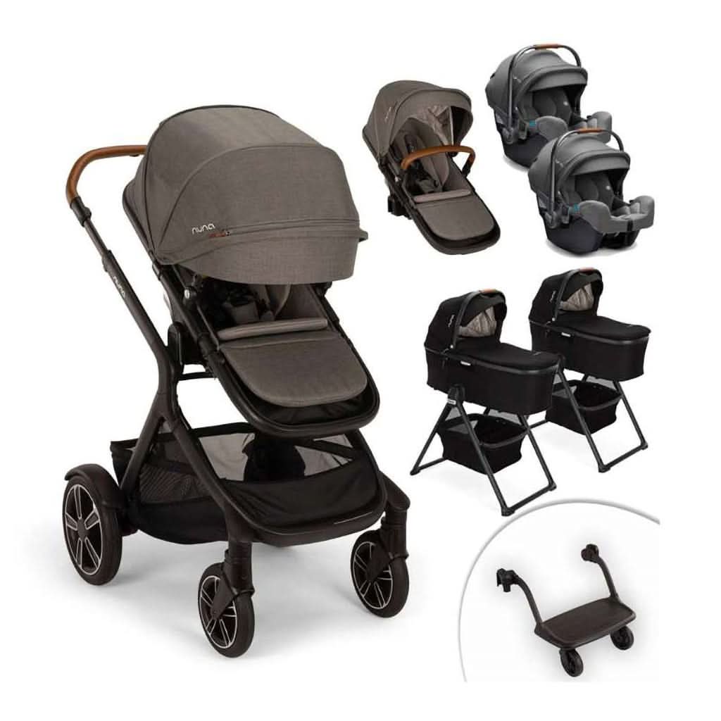 Nuna Demi Next Double Stroller + Rider Board + 2 Bassinets + 2 PIPA RX Travel System, Caviar - ANB Baby