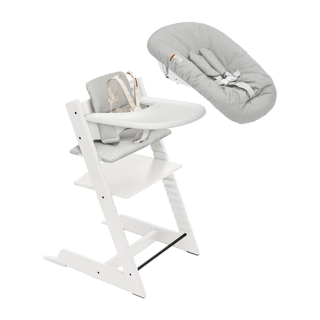 Stokke Tripp Trapp High Chair 2 with Cushion, Newborn Set and Stokke Tray-High Chairs-Stokke-White with Nordic Grey-ANB Baby Store