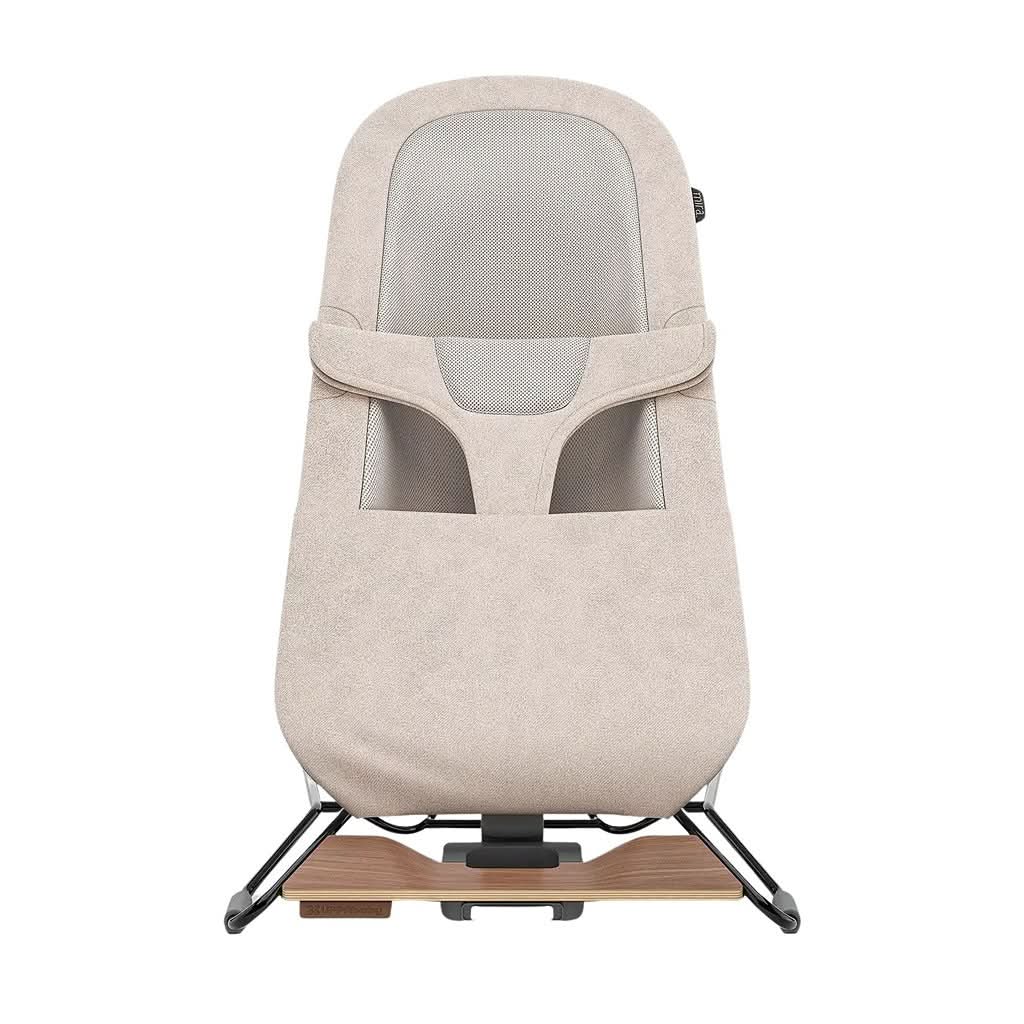UPPAbaby Mira 2-in-1 Bouncer and Seat, Charlie, Sand Mélange, Black Frame, Walnut Wood, Front - ANB BABY