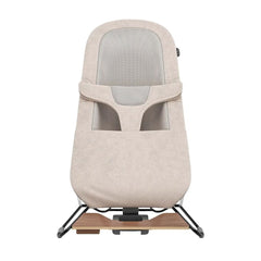 UPPAbaby Mira 2-in-1 Bouncer and Seat, Charlie, Sand Mélange, Black Frame, Walnut Wood, Front - ANB BABY