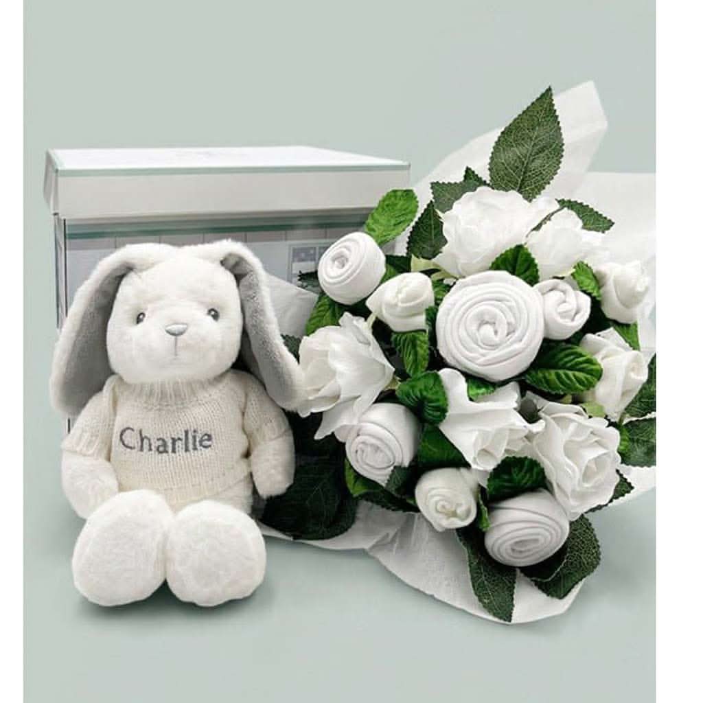 Babyblooms Hand Tied Baby Clothes Bouquet and Personalized Bunny-Clothing-Babyblooms-White-ANB Baby Store