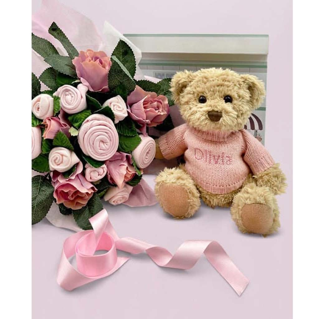 Babyblooms Luxury Rose Baby Clothes Bouquet and Personalized Teddy Bear, ANB BABY