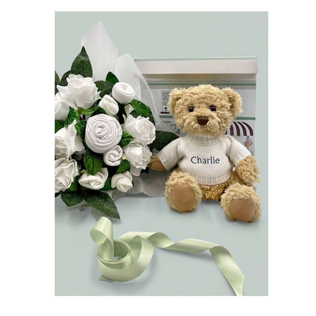 Babyblooms Luxury Rose Baby Clothes Bouquet and Personalized Teddy Bear-Clothing-Babyblooms-White-ANB Baby Store