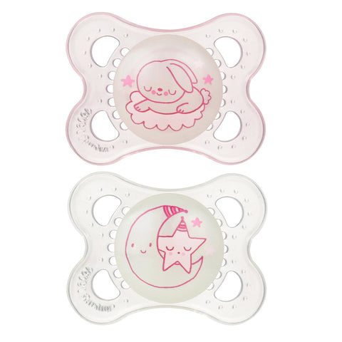 MAM Glow In The Dark Pacifiers 2 Pack for 0-6 Months, Pink, 845296014542 -- ANB Baby