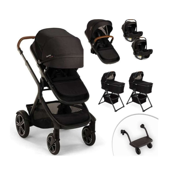 Nuna Demi Next Double Stroller + Rider Board + 2 Bassinets + 2 PIPA AIRE RX Travel System