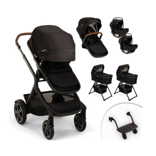 Nuna Demi Next Double Stroller + Rider Board + 2 Bassinets + 2 PIPA AIRE RX Travel System, Caviar, ANB BABY