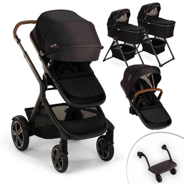 Nuna Demi Next Double Stroller + Rider Board + 2 Bassinets