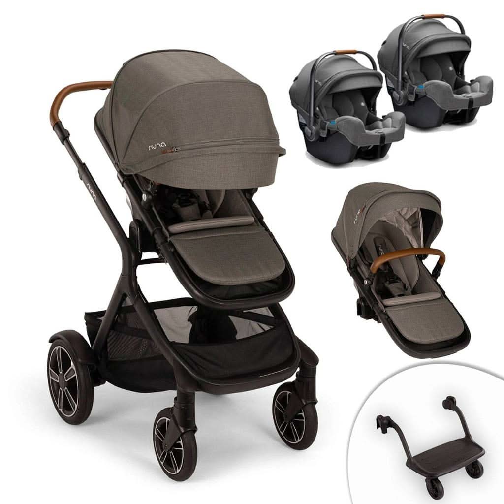 Nuna Demi Next Double Stroller + Rider Board + 2 PIPA RX Travel System, ANB BABY