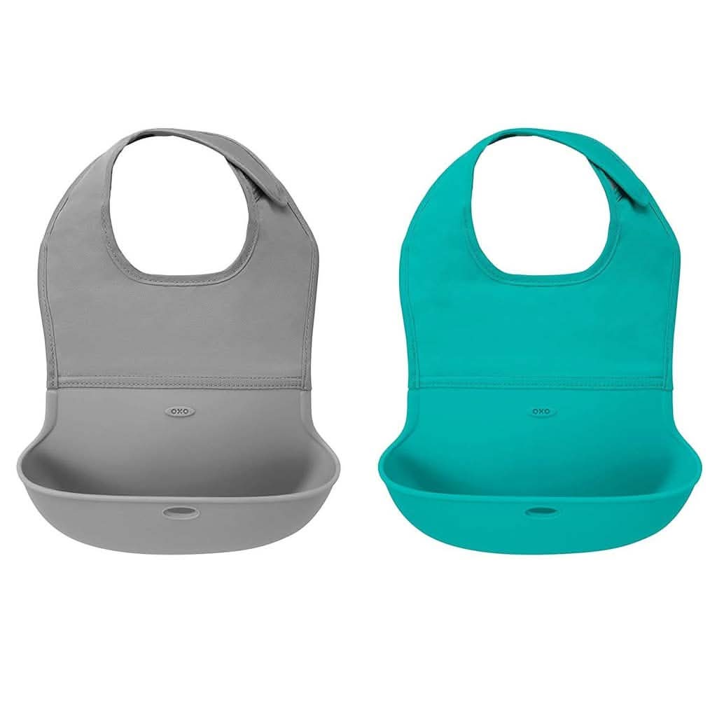 OXO TOT 2-Piece Waterproof Silicone Roll Up Bib with Comfort-Fit Fabric Neck-Mealtime Accessories-OXO Tot-Gray And Teal-ANB Baby Store