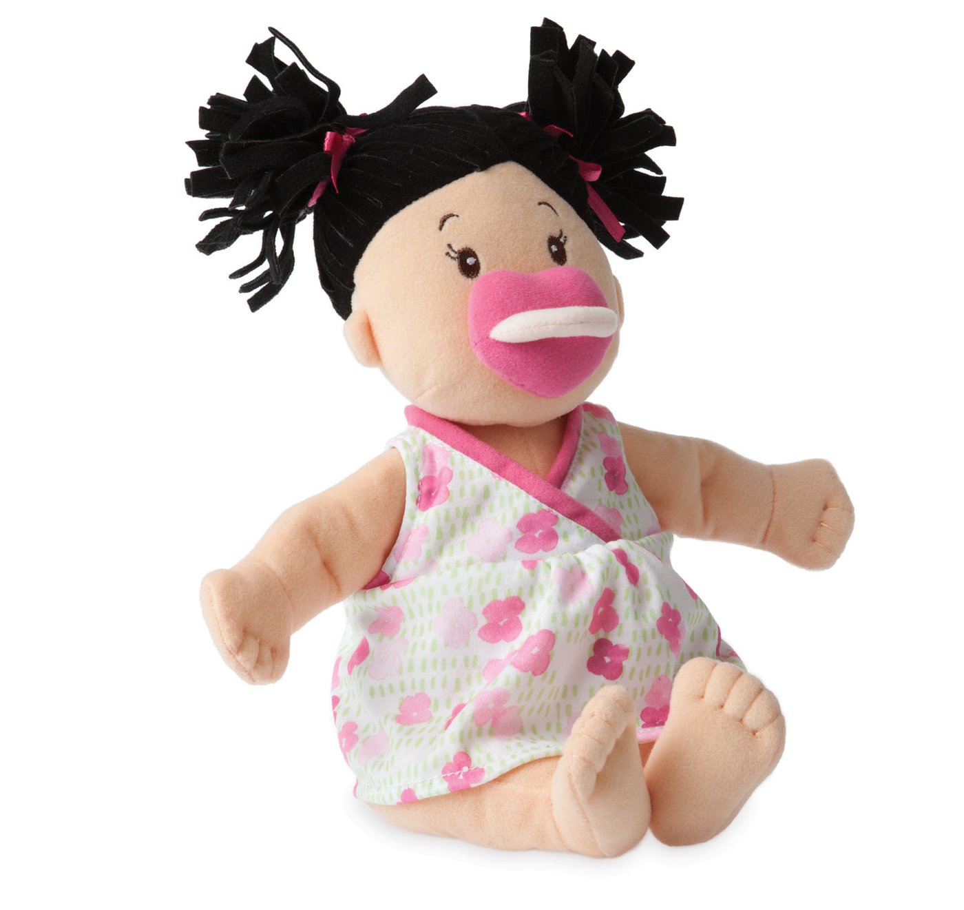 Angle View of Manhattan Toy Baby Stella Peach Doll with Black Pigtails Toy - ANB Baby 