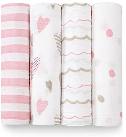 Aden & Anais Infant Boutique Classic Swaddle Blankets, Heart Breaker, 4-pack, -- ANB Baby