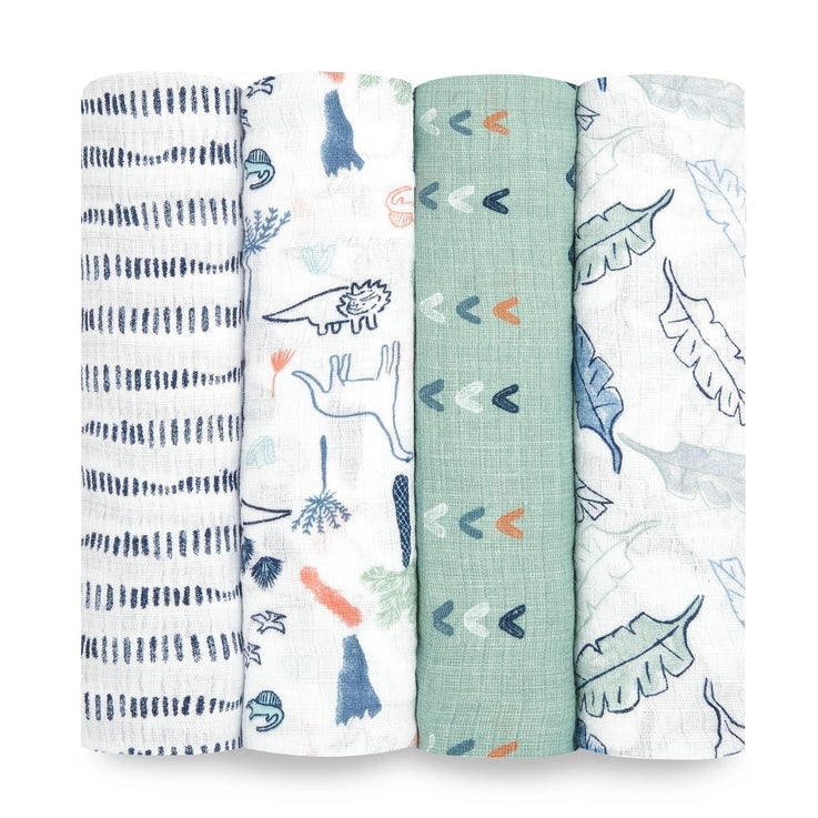 Aden & Anais Infant Essentials Muslin Swaddle Blankets, Dinotime, 4-pack, -- ANB Baby