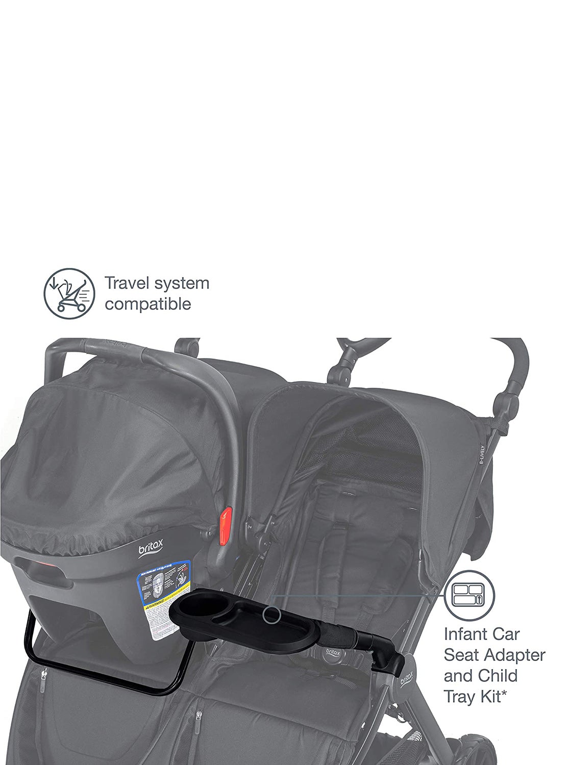 Britax B-Lively Double Stroller Infant Car Seat Adapter & Child Tray Kit - ANB Baby -$75 - $100