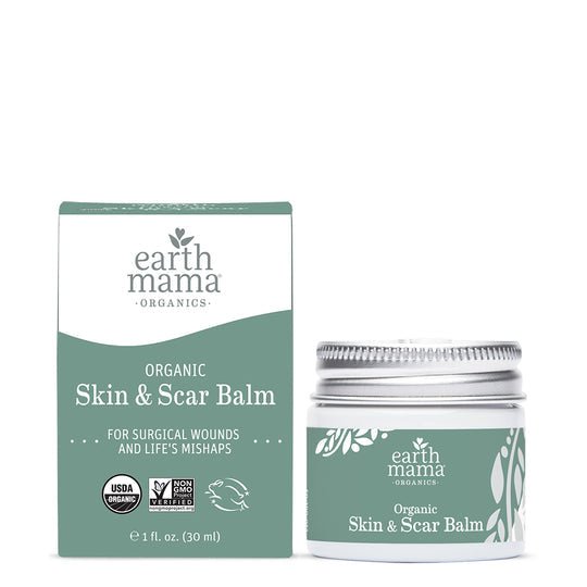 Earth Mama Organics Organic Skin and Scar Balm, 1 oz  box and outside of box- ANB Baby