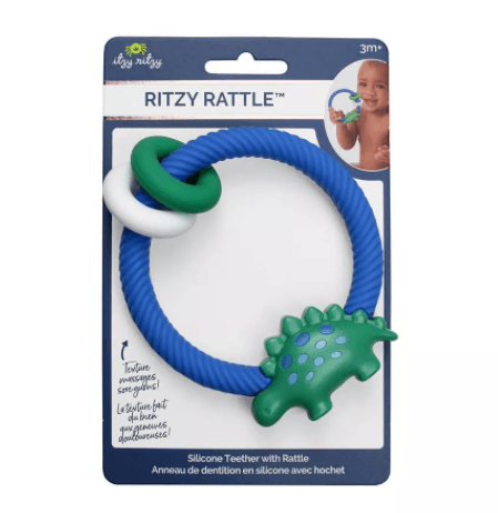 Itzy Ritzy Silicone Teether with Rattle, Dinosaur - ANB Baby -Blue