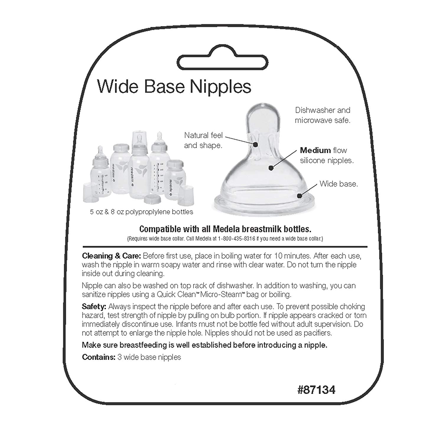 Medela Nipples, Wide Base, Slow Flow, 0-4 Months - 3 nipples
